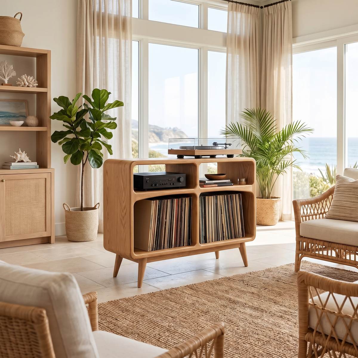 Vireedrin Sculpted Rounded Cabinet Handcrafted Record Player Stand With Storage Natural Oak - Timberustic Record Player Stand With Storage