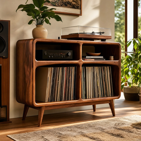 Vireedrin Sculpted Rounded Cabinet Handcrafted Record Player Stand With Storage - Timberustic Record Player Stand With Storage