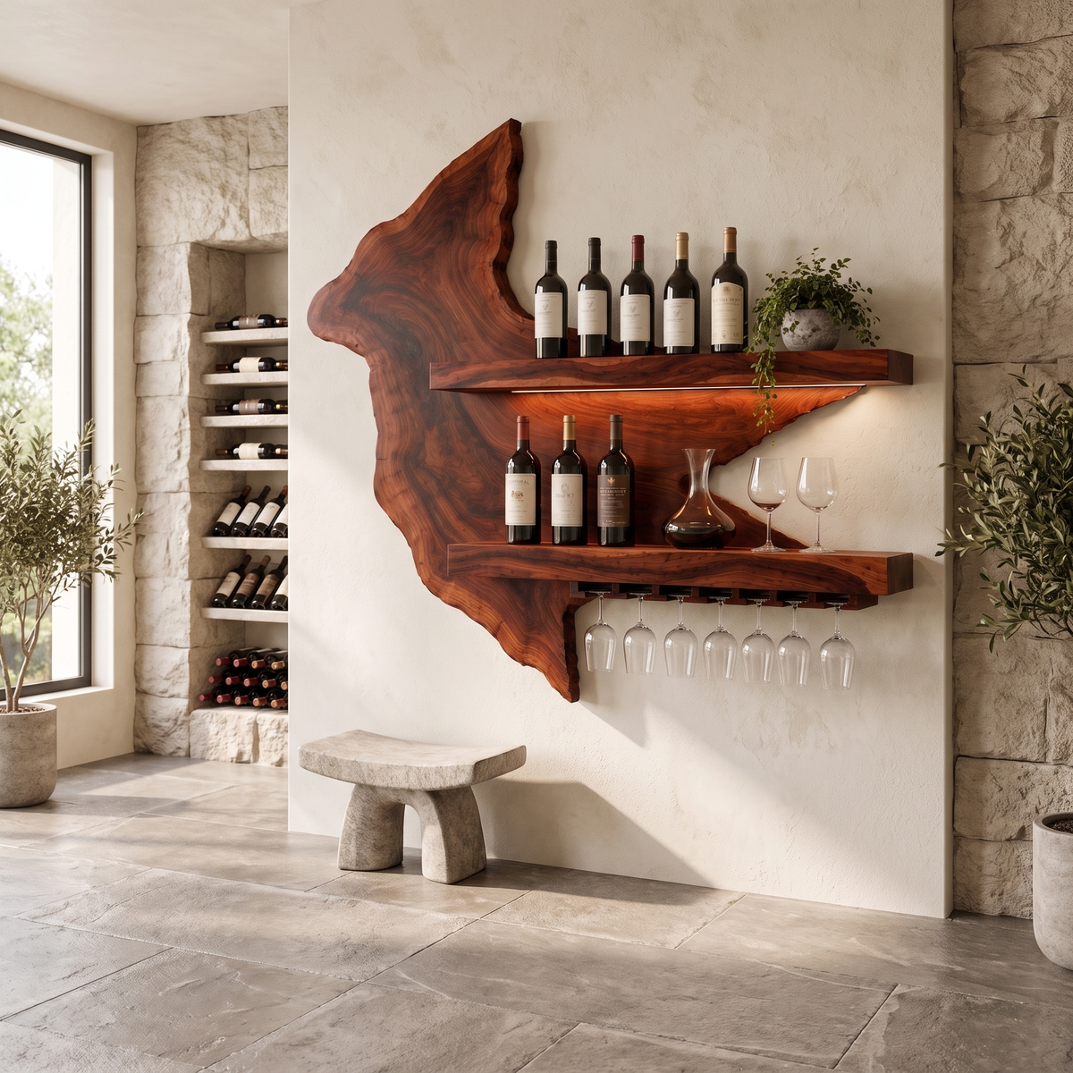 Vireemere Live Edge Handcrafted Floating Wine Shelf by Timberustic — Mahogany finish