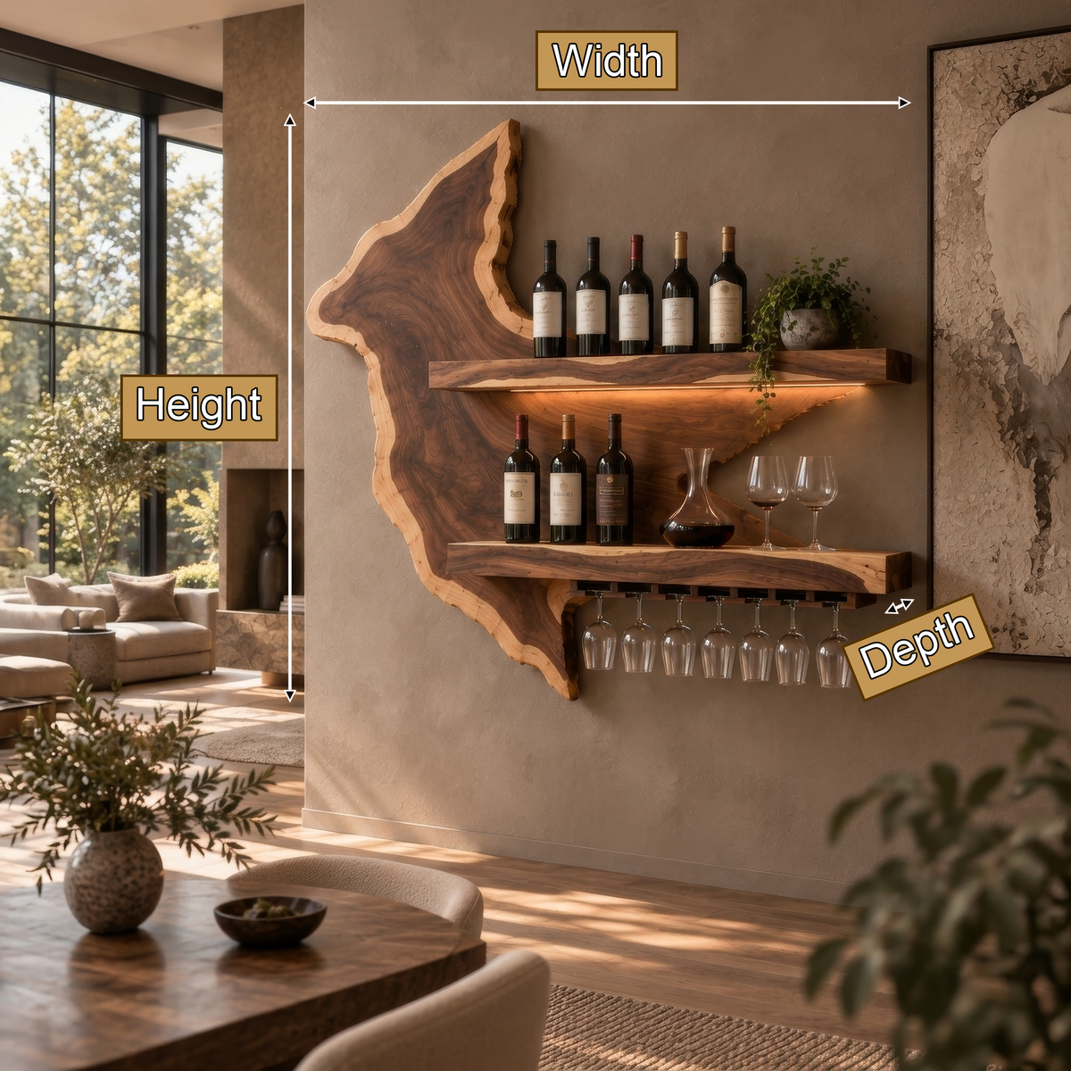 Vireemere Live Edge Handcrafted Floating Wine Shelf by Timberustic — product dimensions