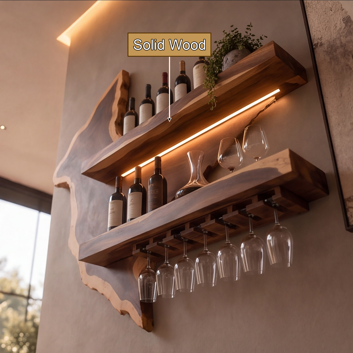 Vireemere Live Edge Handcrafted Floating Wine Shelf by Timberustic — solid wood detail