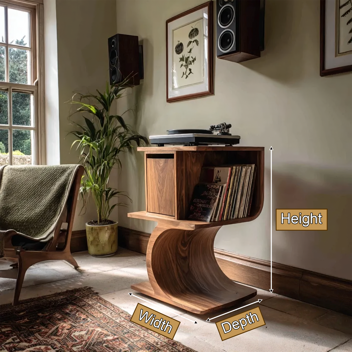 Vireevale Sculpted Curved Pedestal Handcrafted Record Player Stand With Storage - Timberustic Record Player Stand With Storage