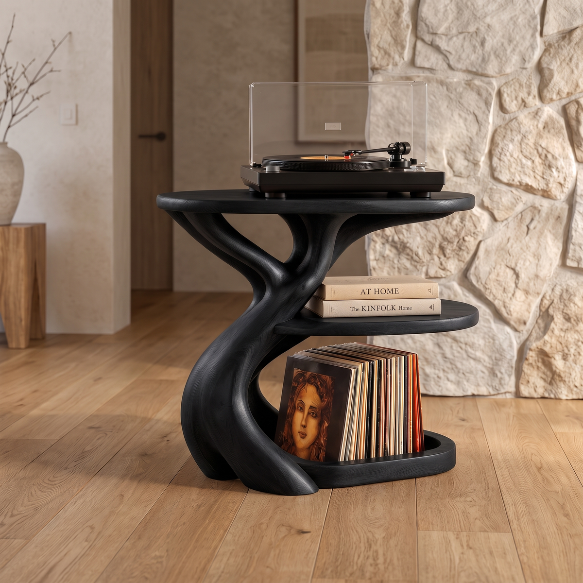 Vireevella Branching Sculpted Handcrafted Record Player Stand With Storage Black - Timberustic Record Player Stand With Storage