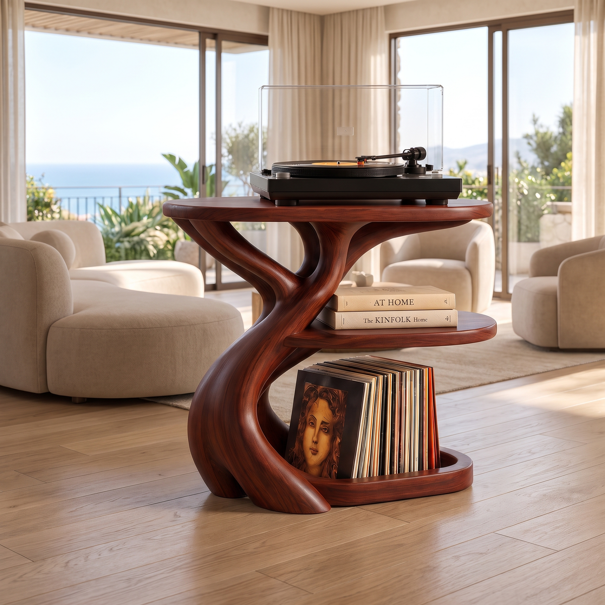 Vireevella Branching Sculpted Handcrafted Record Player Stand With Storage Mahogany - Timberustic Record Player Stand With Storage