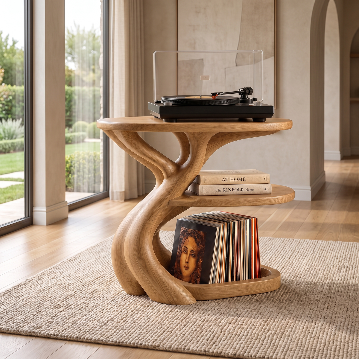 Vireevella Branching Sculpted Handcrafted Record Player Stand With Storage Natural Oak - Timberustic Record Player Stand With Storage