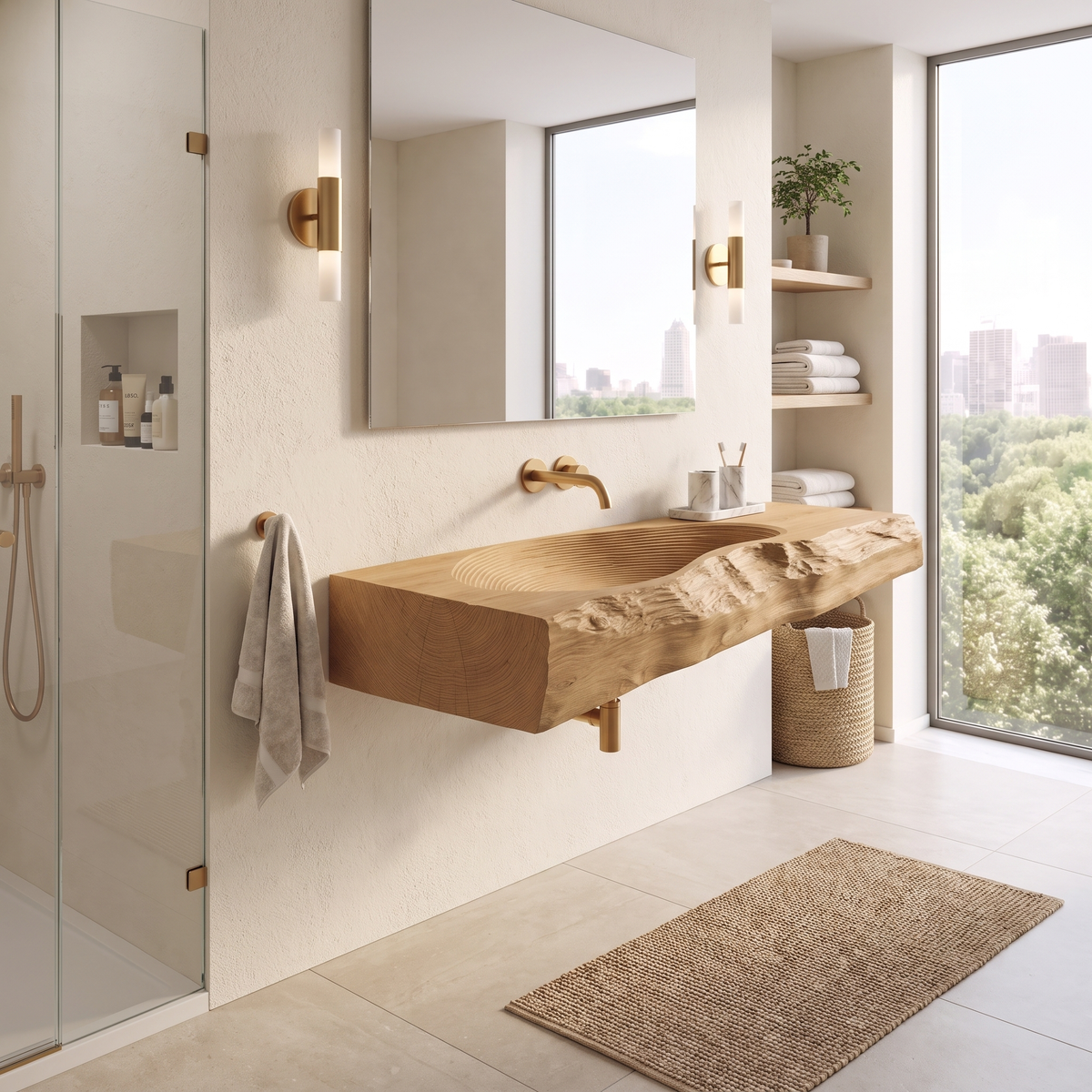 Vireirien Sculpted Live Edge Handcrafted Floating Bathroom Vanity with Integrated Sink Natural Oak - Timberustic Floating Bathroom Vanity with Integrated Sink