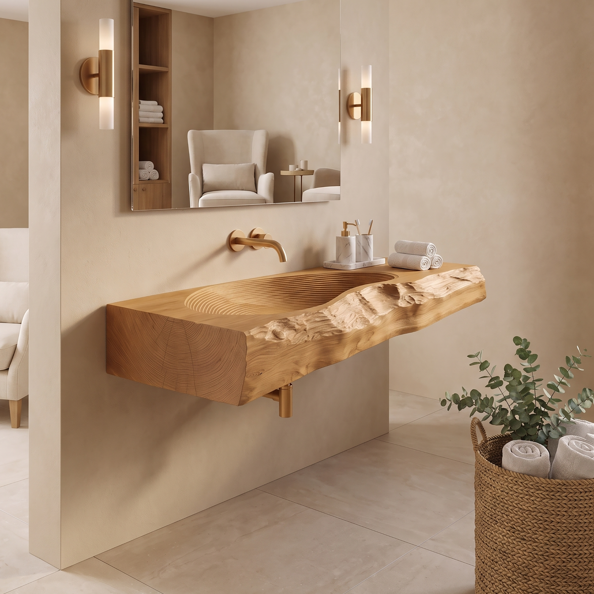 Vireirien Sculpted Live Edge Handcrafted Floating Bathroom Vanity with Integrated Sink Teak - Timberustic Floating Bathroom Vanity with Integrated Sink