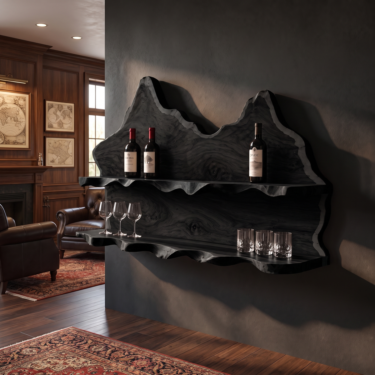 Vireiwyn Mountain Live Edge Handcrafted Floating Wine Shelf by Timberustic — Black finish