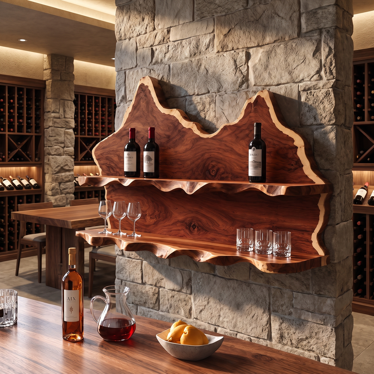 Vireiwyn Mountain Live Edge Handcrafted Floating Wine Shelf by Timberustic — Mahogany finish