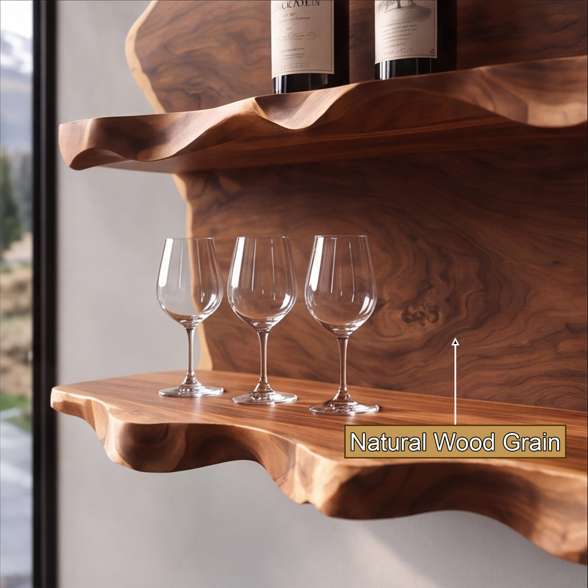 Vireiwyn Mountain Live Edge Handcrafted Floating Wine Shelf by Timberustic — natural wood grain detail