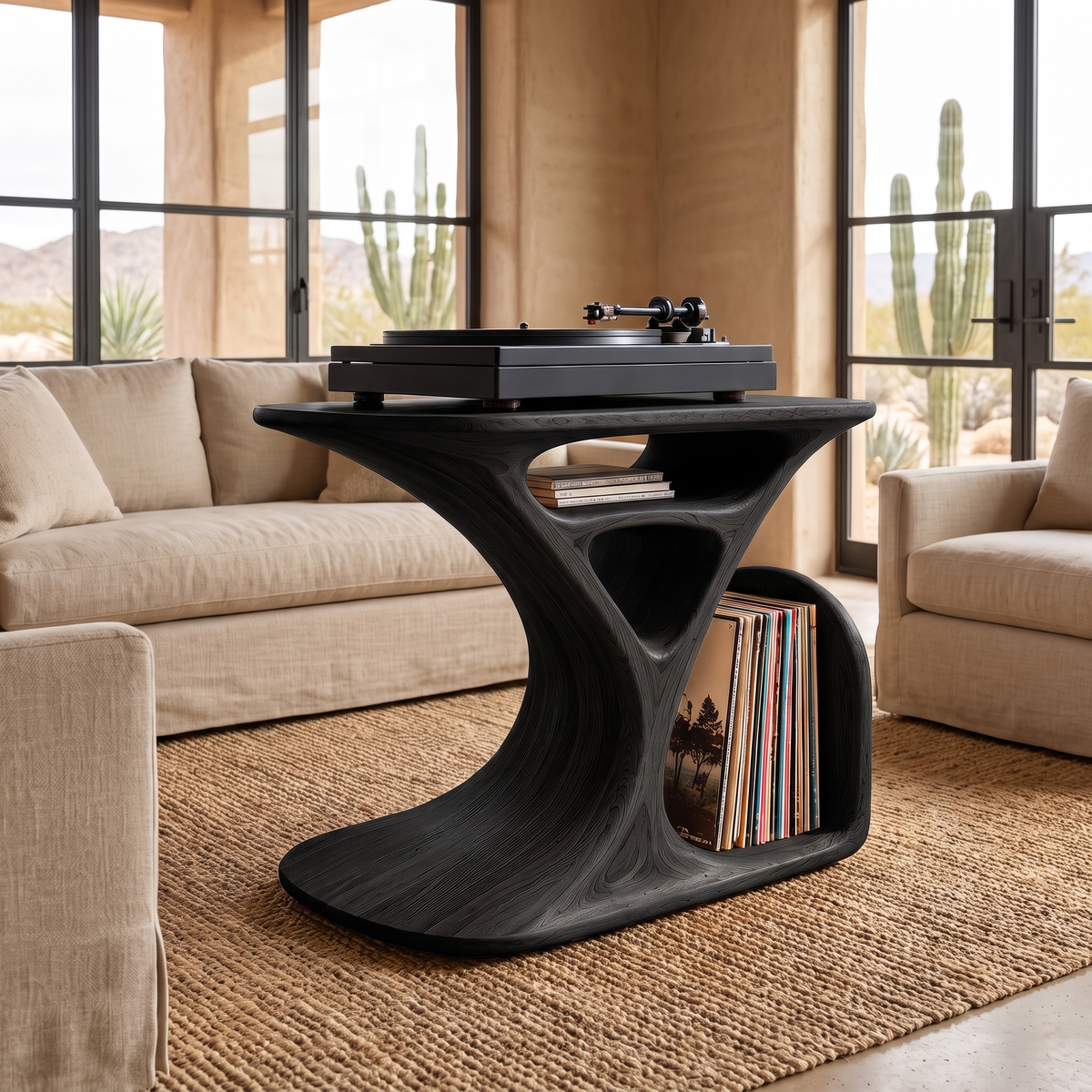 Virelio Flowing Sculpted Handcrafted Record Player Stand With Storage Black - Timberustic Record Player Stand With Storage