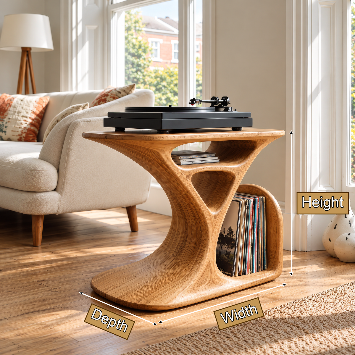 Virelio Flowing Sculpted Handcrafted Record Player Stand With Storage - Timberustic Record Player Stand With Storage