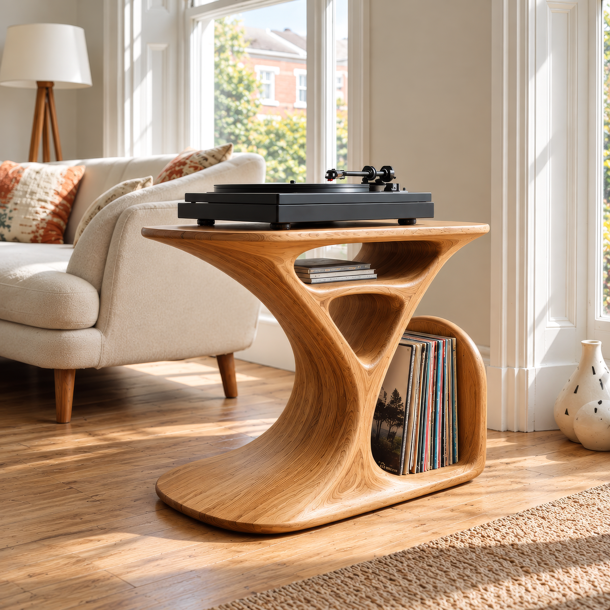 Virelio Flowing Sculpted Handcrafted Record Player Stand With Storage - Timberustic Record Player Stand With Storage