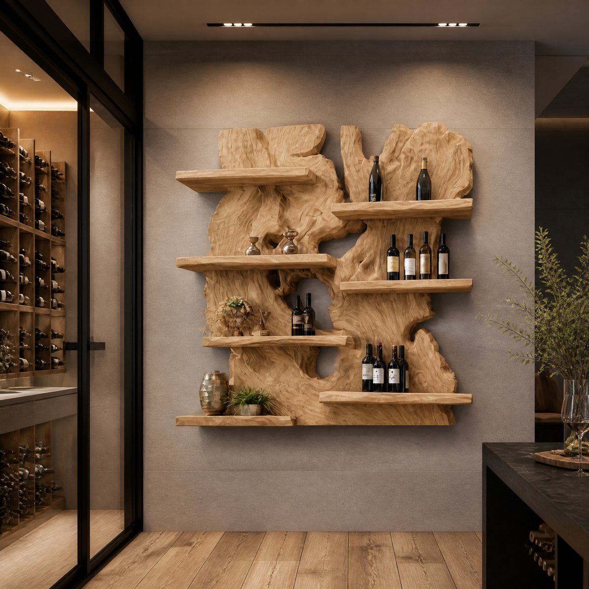 Viremont Live Edge Handcrafted Floating Wine Shelf by Timberustic — Natural Oak finish