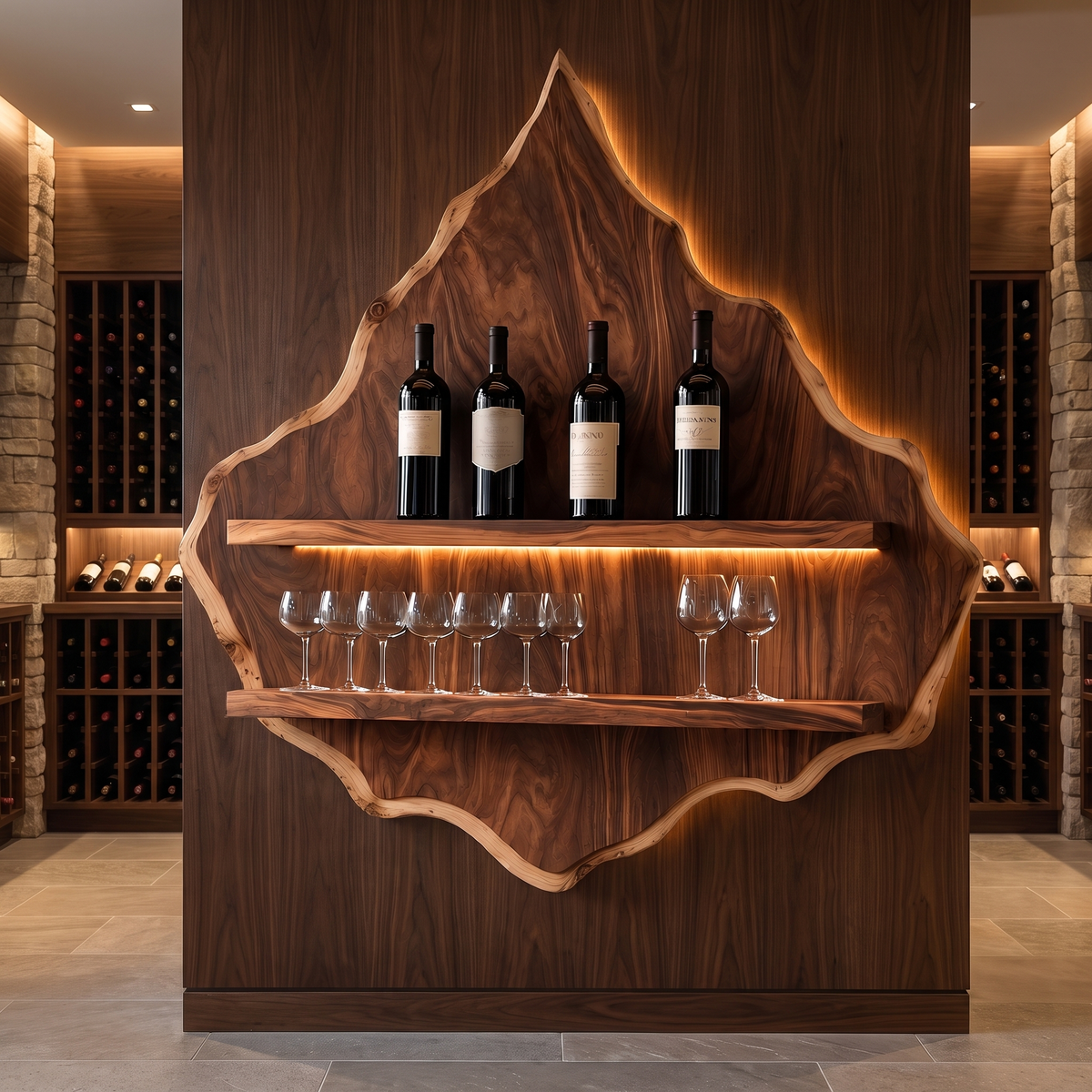 Vireorell Peaked-Contour Handcrafted Floating Wine Shelf by Timberustic — Dark Walnut finish