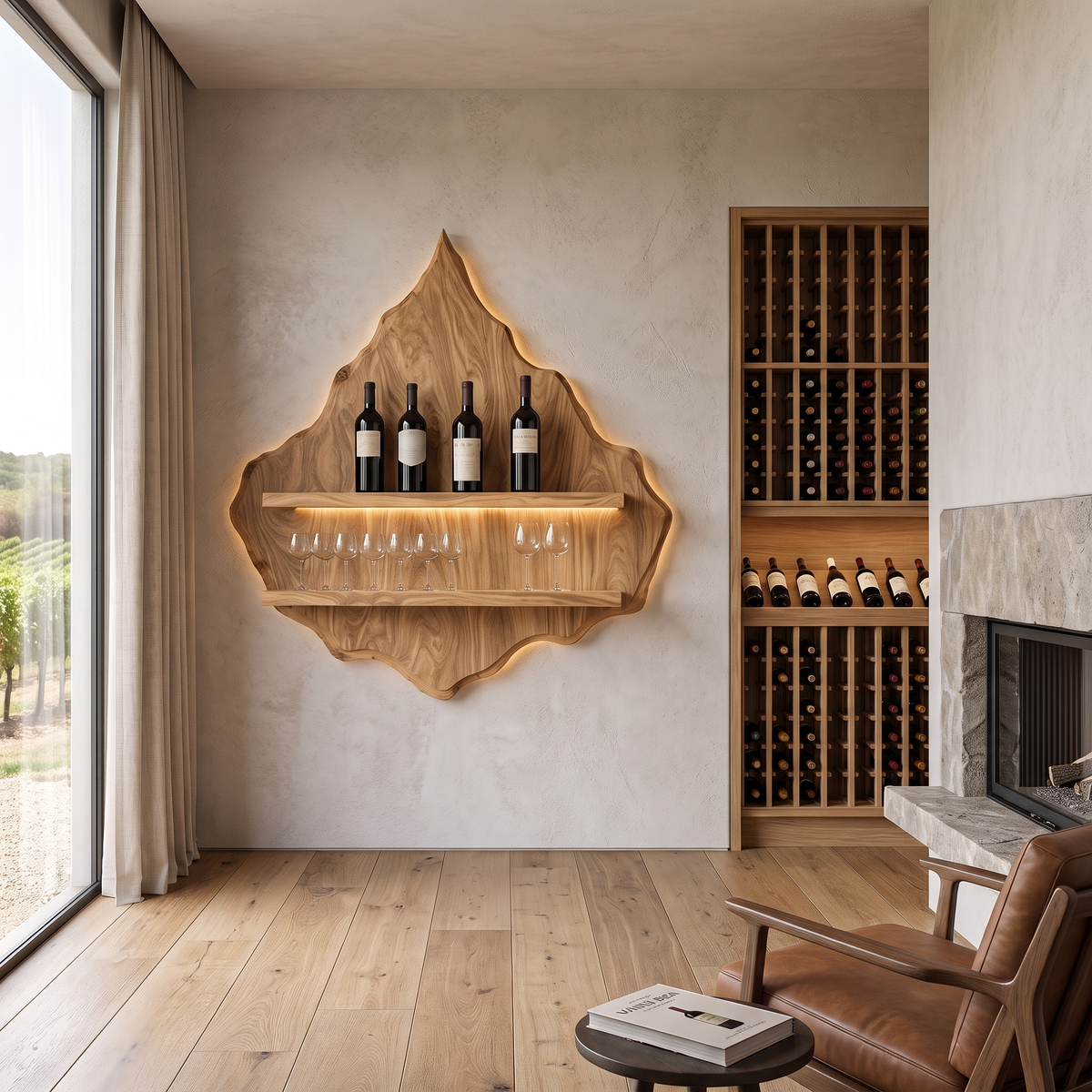 Vireorell Peaked-Contour Handcrafted Floating Wine Shelf by Timberustic — Natural Oak finish