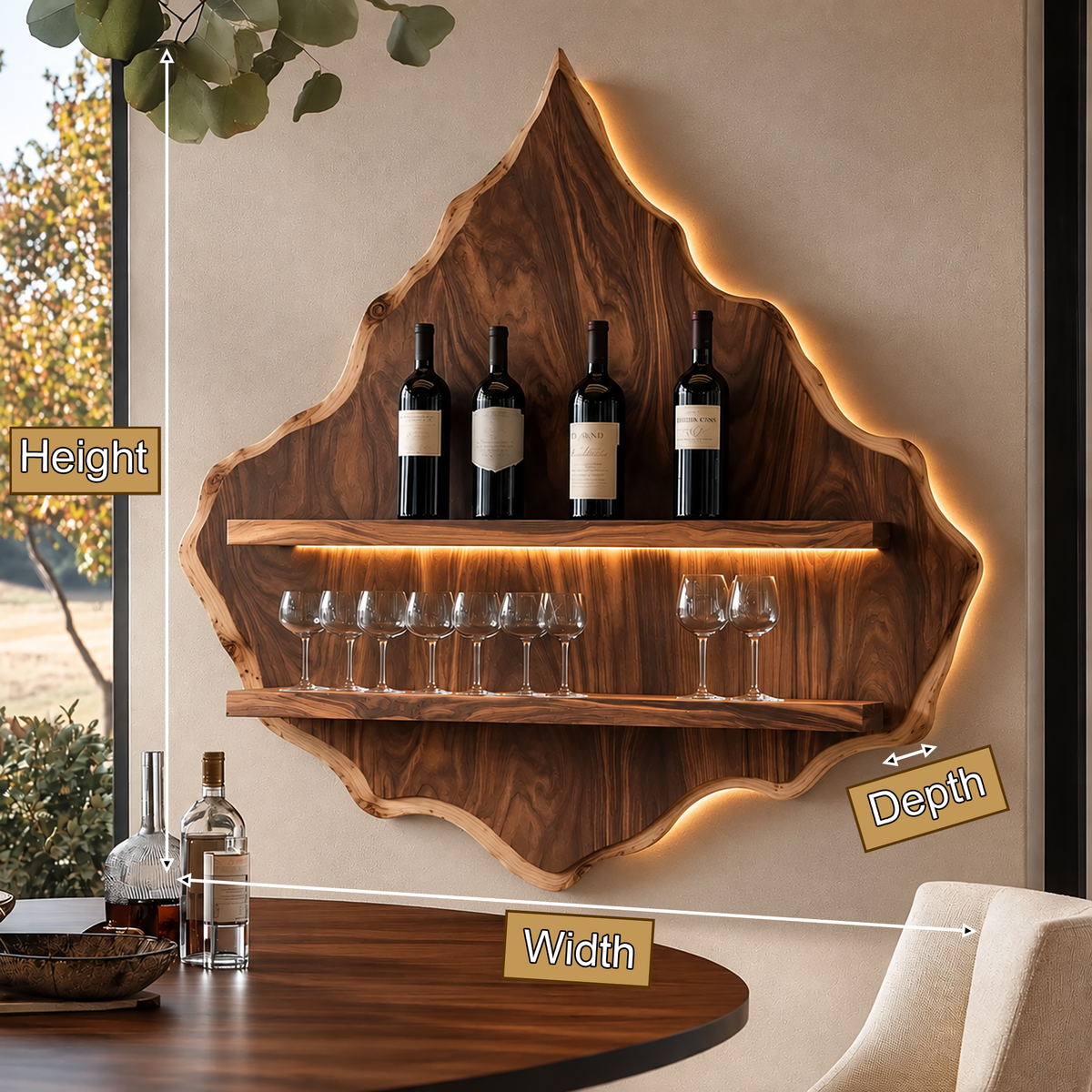 Vireorell Peaked-Contour Handcrafted Floating Wine Shelf by Timberustic — product dimensions