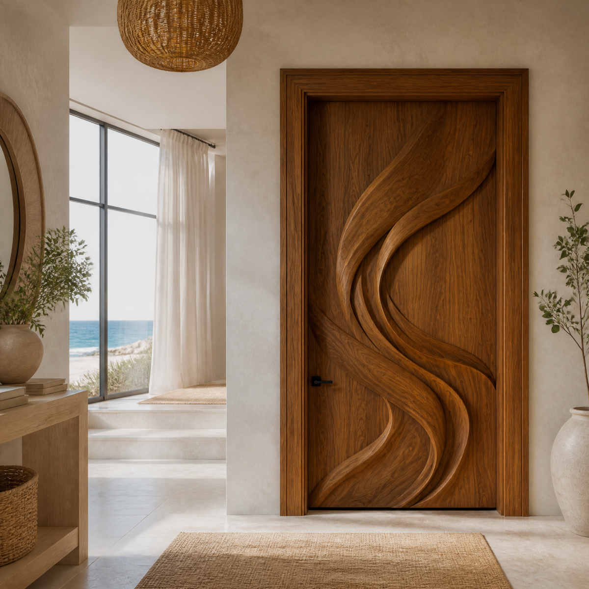 Vireowyn Sculpted Flowing Ribbon Handcrafted Door by Timberustic — Brown finish