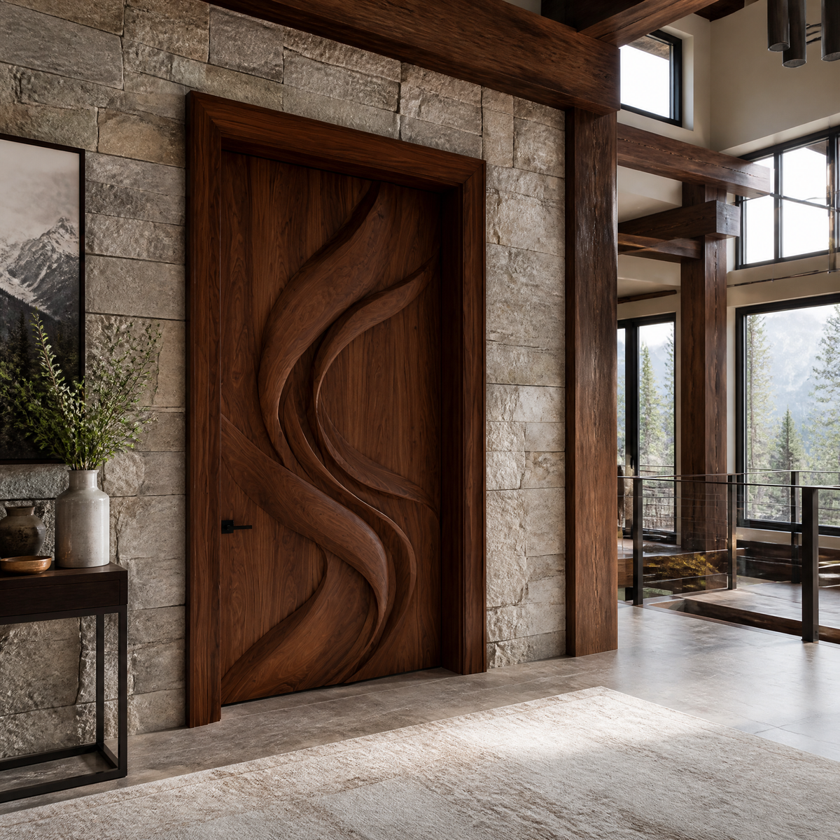 Vireowyn Sculpted Flowing Ribbon Handcrafted Door by Timberustic — Dark Walnut finish