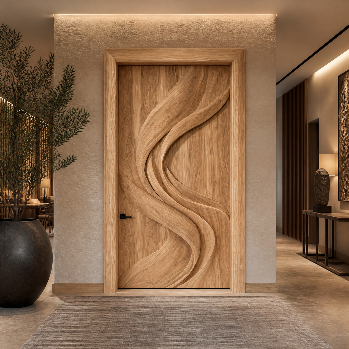 Vireowyn Sculpted Flowing Ribbon Handcrafted Door by Timberustic — Natural Oak finish