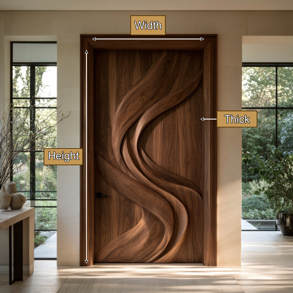 Vireowyn Sculpted Flowing Ribbon Handcrafted Door by Timberustic — product dimensions