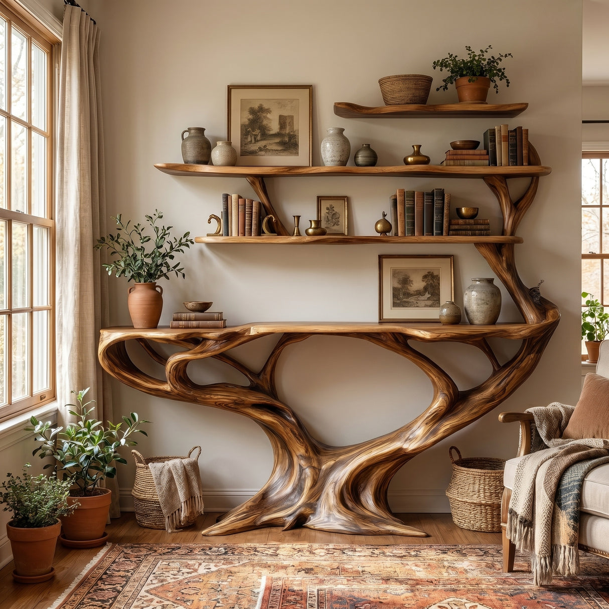 Aerionis Sculpted Solid Wood Console Table with Shelves - Timberustic Console Table with Shelves