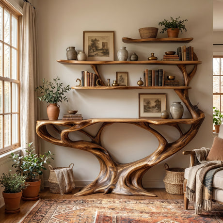 Aerionis Sculpted Solid Wood Console Table with Shelves - Timberustic Console Table with Shelves