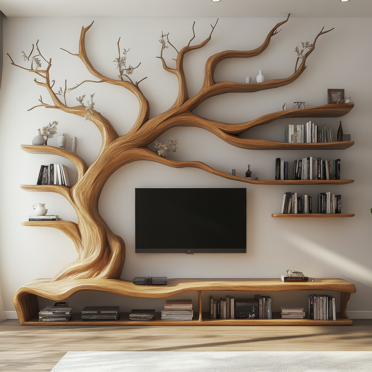 Arboreon Handcrafted Solid Wood Tree TV Console - Timberustic TV Console with Tree Shelf