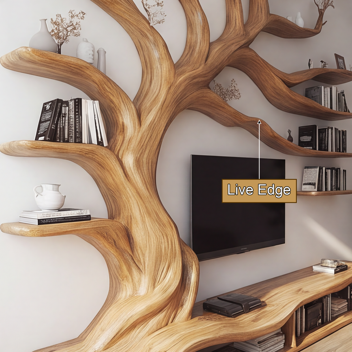Arboreon Handcrafted Solid Wood Tree TV Console - Timberustic TV Console with Tree Shelf