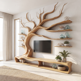 Arboreon Handcrafted Solid Wood Tree TV Console Natural Oak - Timberustic TV Console with Tree Shelf