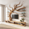 Arboreon Handcrafted Solid Wood Tree TV Console Natural Oak - Timberustic TV Console with Tree Shelf