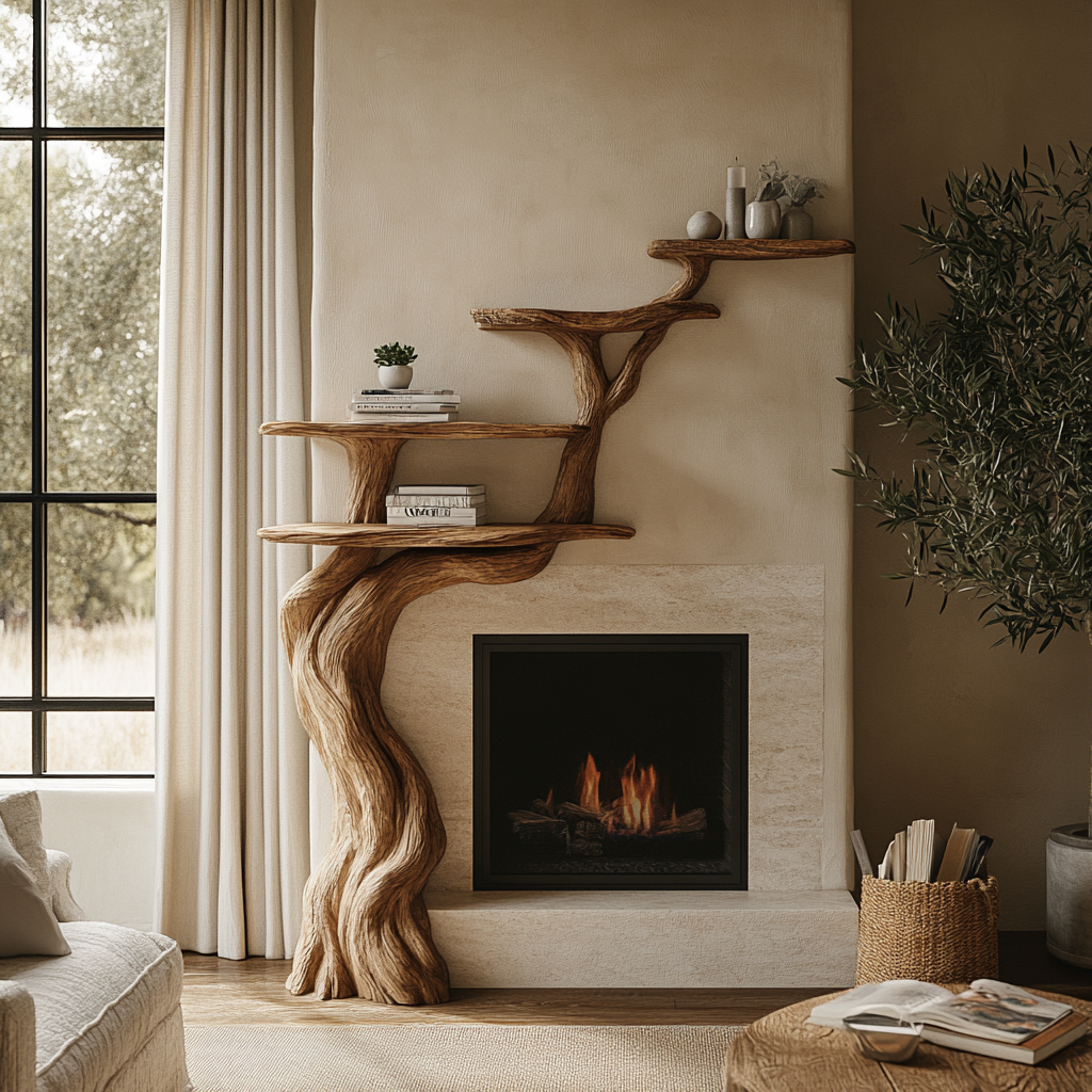 Arborwyn Sculpted Solid Wood Tree-Shaped Fireplace Mantel with Display Shelves - Timberustic Tree-Shaped Fireplace Mantel with Display Shelves
