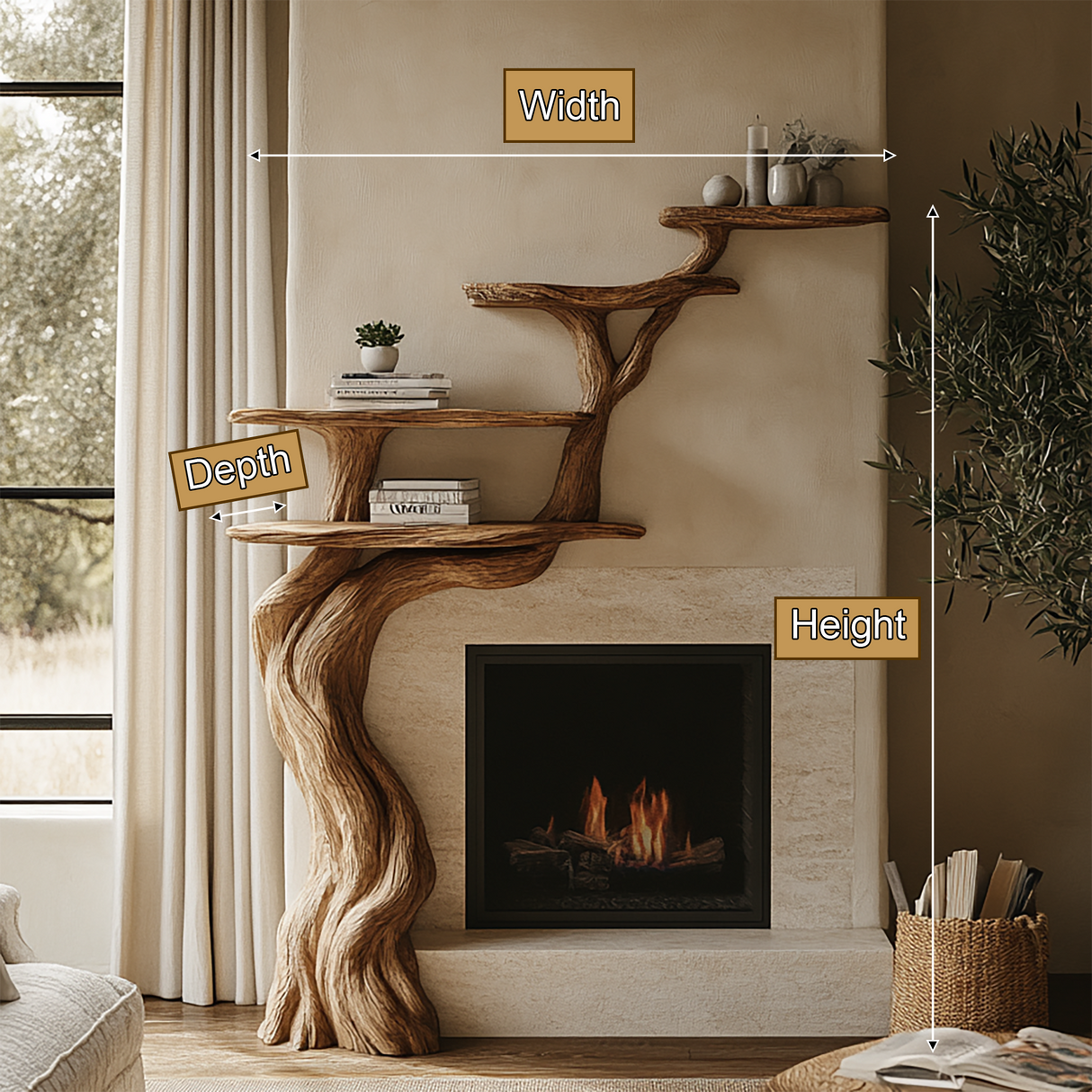 Arborwyn Sculpted Solid Wood Tree-Shaped Fireplace Mantel with Display Shelves - Timberustic Tree-Shaped Fireplace Mantel with Display Shelves