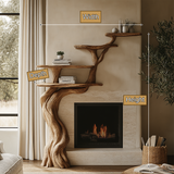 Arborwyn Sculpted Solid Wood Tree-Shaped Fireplace Mantel with Display Shelves - Timberustic Tree-Shaped Fireplace Mantel with Display Shelves