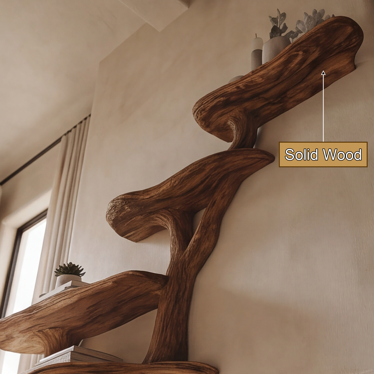 Arborwyn Sculpted Solid Wood Tree-Shaped Fireplace Mantel with Display Shelves - Timberustic Tree-Shaped Fireplace Mantel with Display Shelves