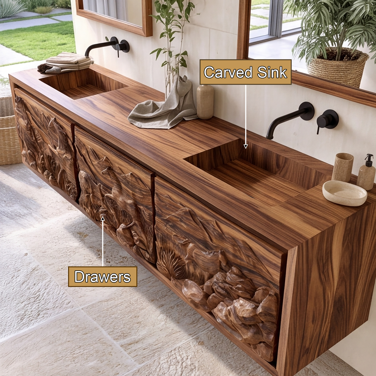 Ardovale Handcrafted Solid Wood Floating Bathroom Vanity with Integrated Sink and Drawers