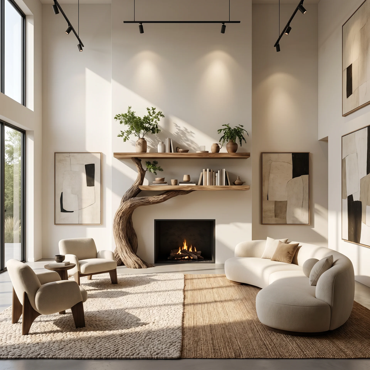 Aurelgrove Sculpted Solid Wood Tree-Shaped Fireplace Mantel with Display Shelves - Timberustic Tree-Shaped Fireplace Mantel with Display Shelves