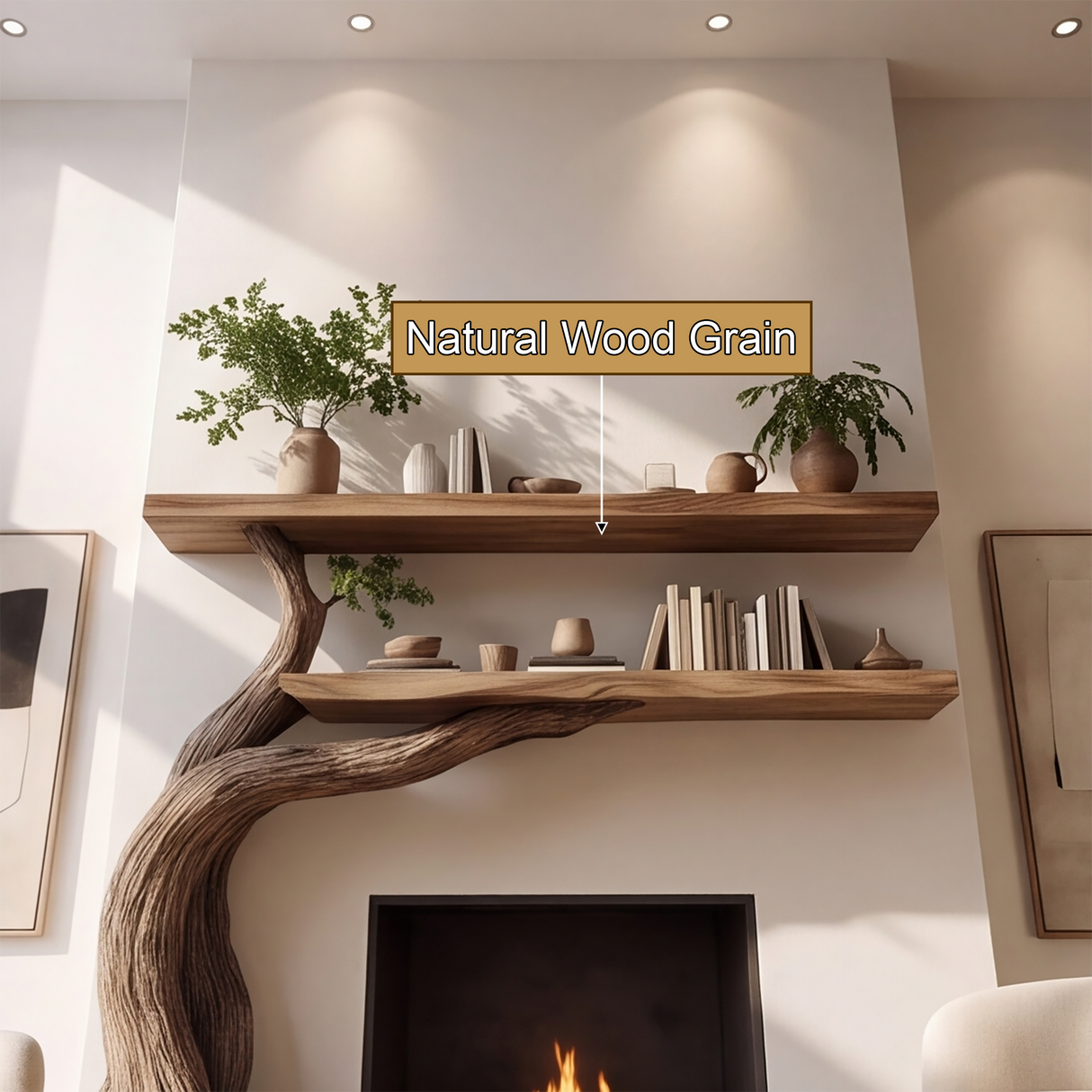 Aurelgrove Sculpted Solid Wood Tree-Shaped Fireplace Mantel with Display Shelves - Timberustic Tree-Shaped Fireplace Mantel with Display Shelves