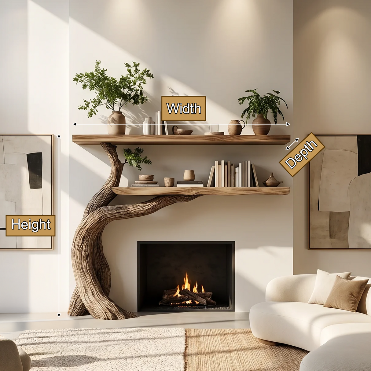 Aurelgrove Sculpted Solid Wood Tree-Shaped Fireplace Mantel with Display Shelves - Timberustic Tree-Shaped Fireplace Mantel with Display Shelves