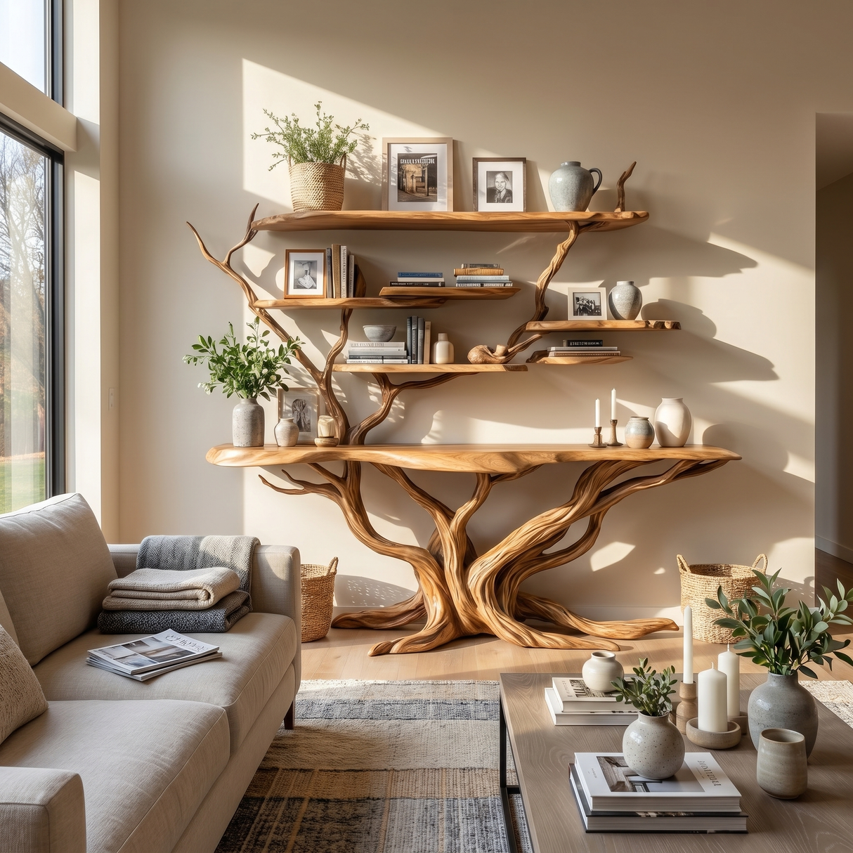 Aurelthorn Sculpted Solid Wood Console Table with Shelves - Timberustic Console Table with Shelves