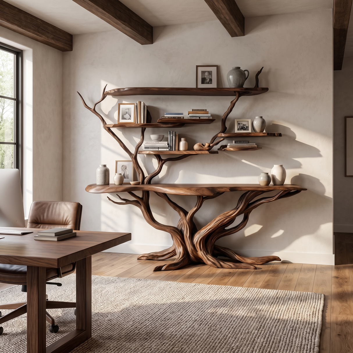 Aurelthorn Sculpted Solid Wood Console Table with Shelves Dark Walnut - Timberustic Console Table with Shelves