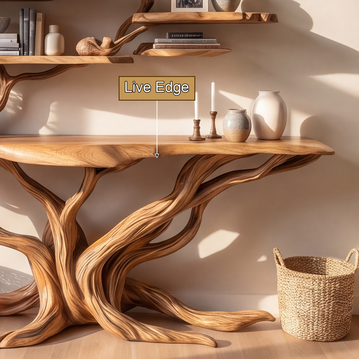 Aurelthorn Sculpted Solid Wood Console Table with Shelves - Timberustic Console Table with Shelves