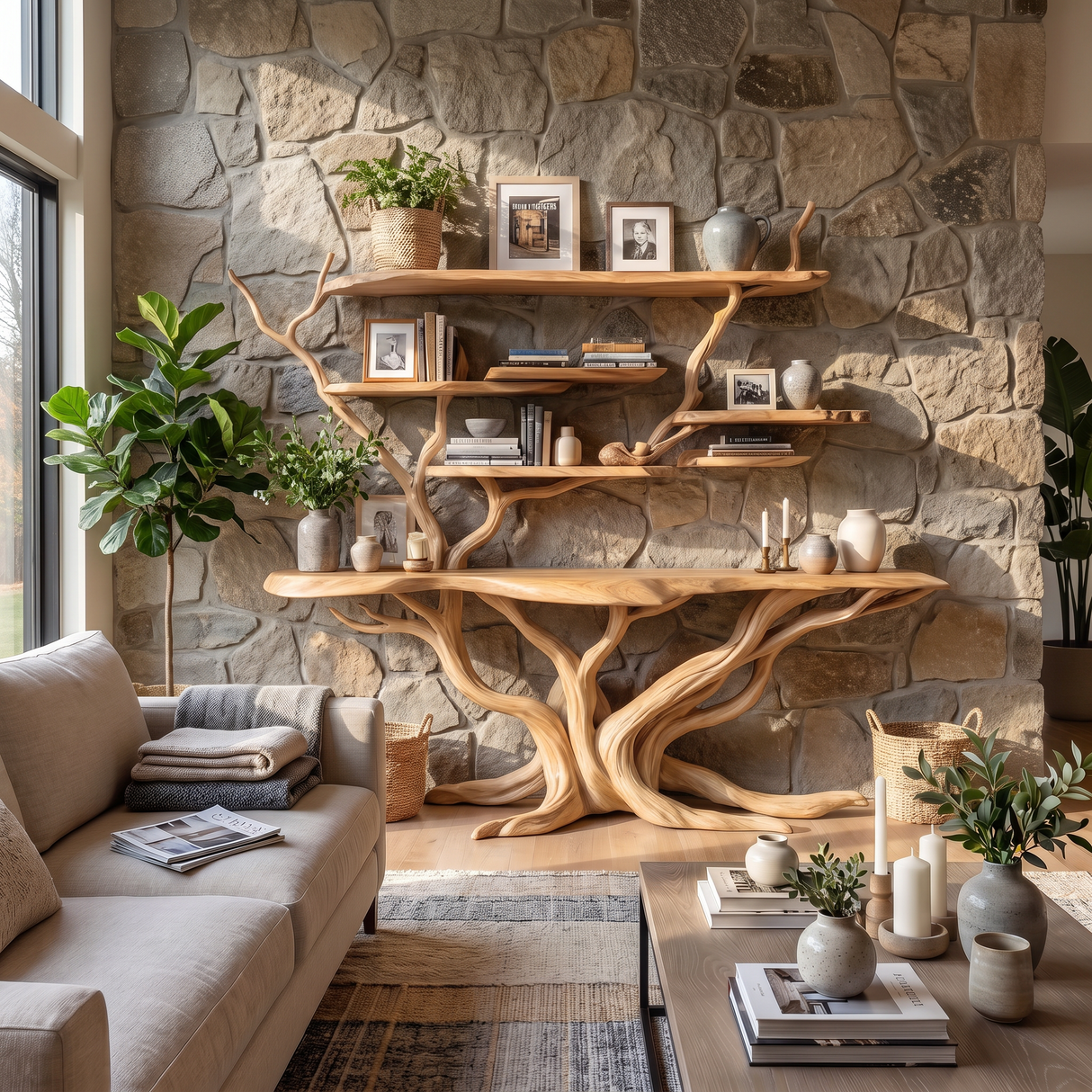 Aurelthorn Sculpted Solid Wood Console Table with Shelves Natural Oak - Timberustic Console Table with Shelves