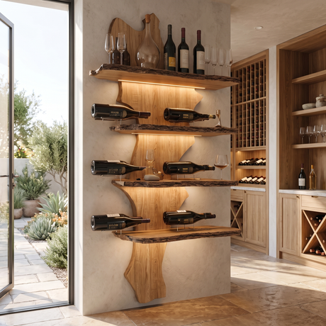 Aurevik Live Edge Solid Wood Floating Wine Shelf SPA290525 Natural Oak - Timberustic Floating Wine Shelf