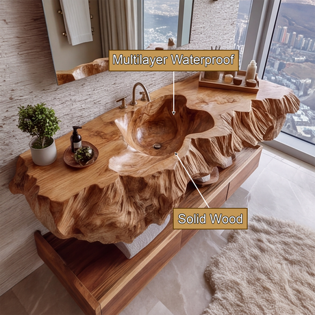 Averon Organic Carved Solid Wood Floating Bathroom Vanity with Integrated Sink - Timberustic Floating Bathroom Vanity with Integrated Sink