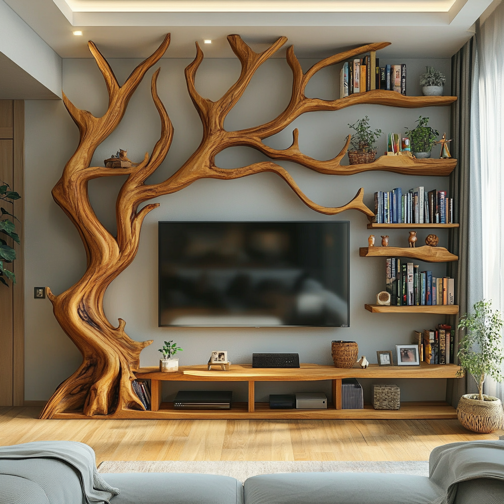 Branwyck Handcrafted Solid Wood Tree TV Console SPA598568 - Timberustic TV Console with Tree Shelf