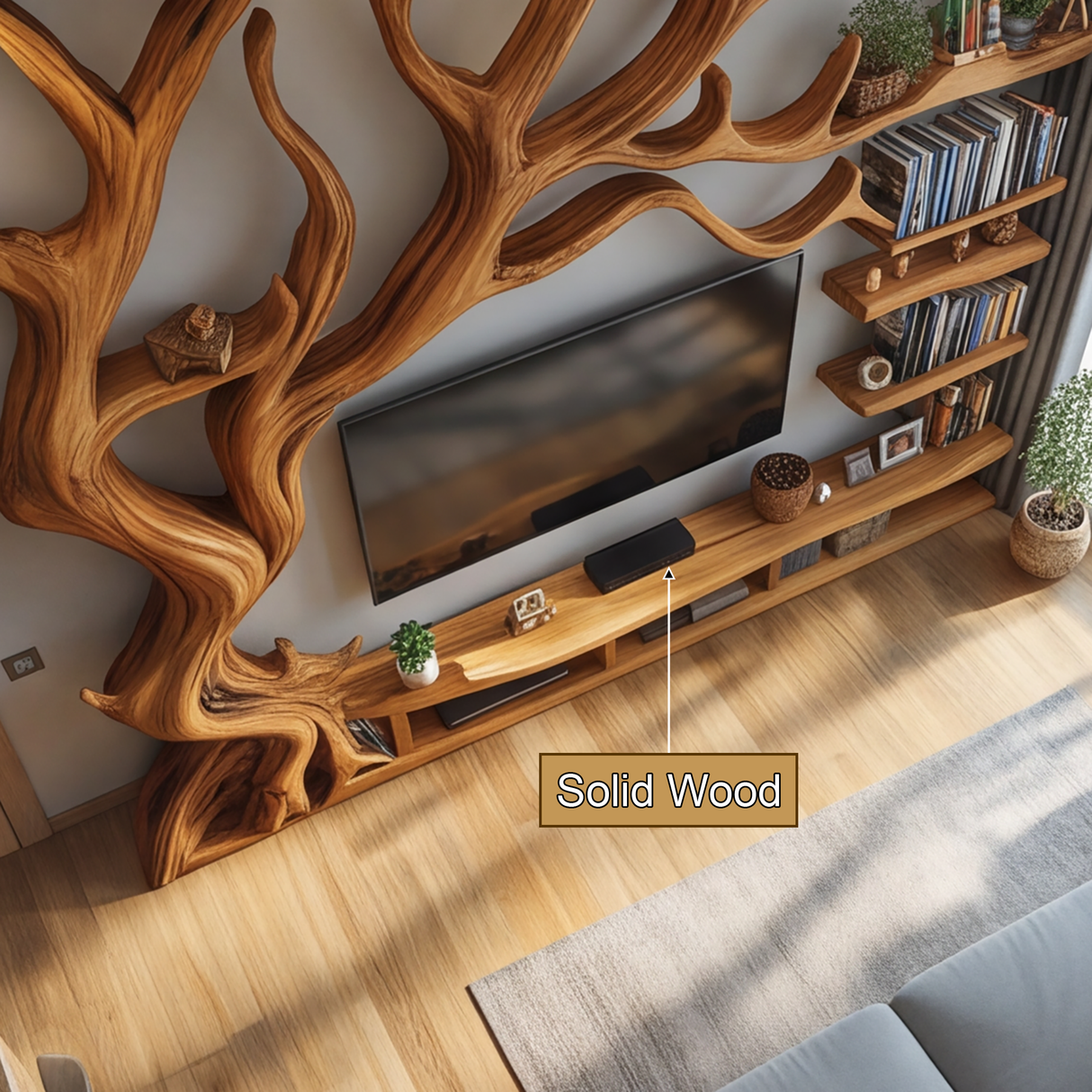 Branwyck Handcrafted Solid Wood Tree TV Console SPA598568 - Timberustic TV Console with Tree Shelf