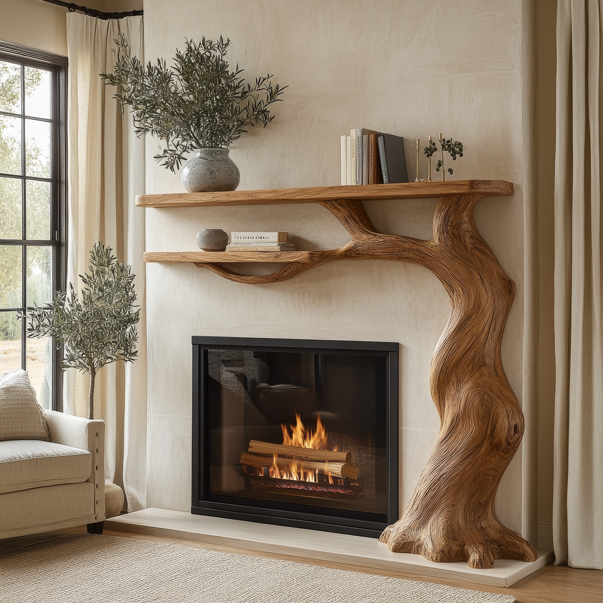 Briarhollow Sculpted Solid Wood Tree-Shaped Fireplace Mantel with Display Shelves - Timberustic Tree-Shaped Fireplace Mantel with Display Shelves