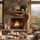 Brindlewood Sculpted Solid Wood Tree-Shaped Fireplace Mantel with Display Shelves - Timberustic Tree-Shaped Fireplace Mantel with Display Shelves