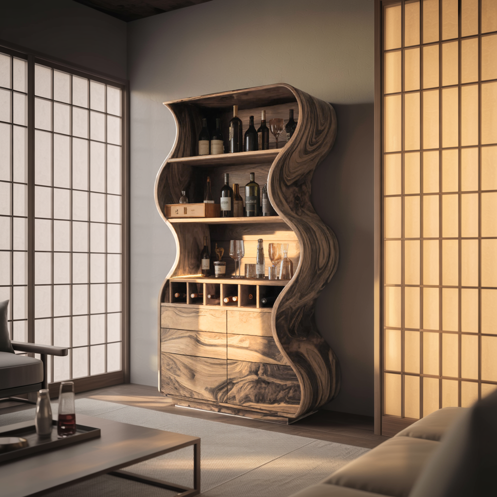 Doublewave Sculpted Solid Wood Bar Cabinet - Timberustic Bar Cabinet